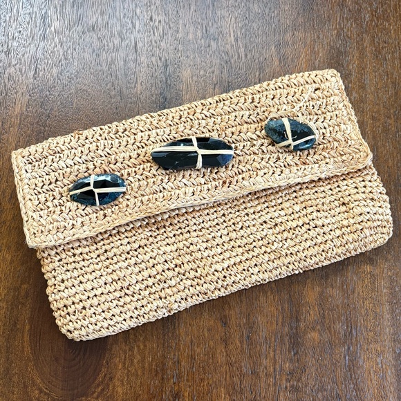 Tommy Bahama Handbags - Tommy Bahama Raffia Clutch 12”x7” with 3 Raw Cut Stones Accent Clasp Flap Suede